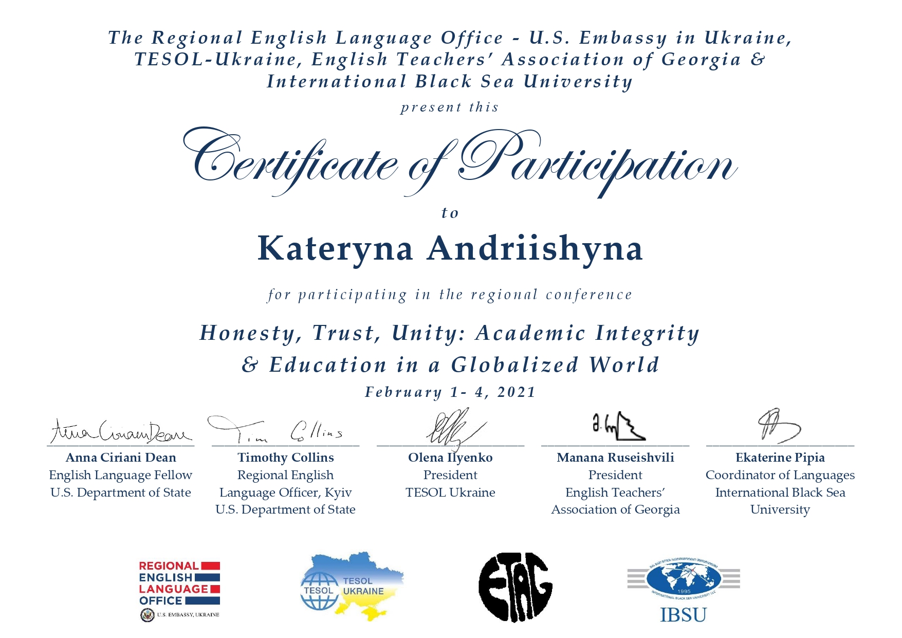 Andriishyna Participant Certificate Academic Integrity 2021 page 0001